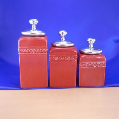 60001RED-PKNOB-SIL-CERAMIC CANISTER SET RED W/ PLAIN KNOB SILVER LIDS